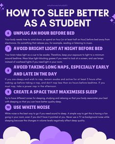 a purple poster with the words how to sleep better as a student