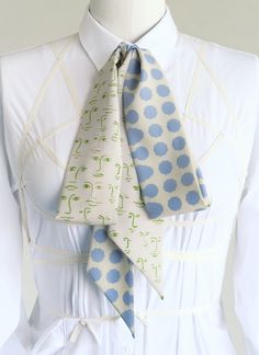 "Maxi long pretty pastel scarf with pistachio faces and sky blue dots. Special edition maxi-length oblong scarf composed in a meticulous mix of two patterns, designed by Cinne. Style it around your neck, in your hair or through your belt loops. Constructed entirely by hand with love and attention to every detail. Ready to ship. . . . . . . . . . . . . . . . . . . . . . . . . . . . . . . . . . . . . . . . . . . . . . . . . . . . + size: 3 x 90 inches long (8mm x 228mm) + shown on a 13\"/33mm (siz Spring Tie Neck Scarf With Ties, Spring Tie Neck Scarves With Ties, Spring Tie-neck Scarves With Ties, Women's Work Style, Pastel Scarf, Blue Dots, Bow Blouse, Work Style, Pastel Hair