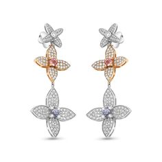 14K White and Rose Gold Diamond Pave & Sapphire Four Leaf Clover Drop Earrings 
In charming style, these rose and white gold and sapphire & diamond four-leaf clover dangling earrings elevate any attire. Each earring features three dangling four-leaf clovers graduating in size with colorful sapphires as the center stone. Each clover is adorned in diamonds for extra sparkle and shine with the middle flower being set in rose gold to enhance color. Surprise your love Sapphire And Diamond Earrings, Dangling Earrings, Four Leaf, Lovely Jewellery, Rose Gold Diamonds, Sparkle And Shine, Leaf Clover, Four Leaf Clover, Gold Flowers