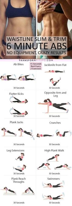 a woman's six minute abs workout plan for the waist and chest, with instructions to