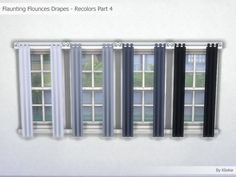 four different types of windows with black, white and blue curtains hanging from them in front of a window