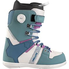 the snowboard boots are blue and white