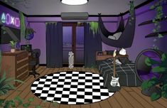 a room with purple walls and black and white checkered rug