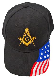 Black Masonic Veteran Embroidered Baseball Cap with American Flag design on the bill. Gold Mason emblem. Cool hat to wear to your Lodge or anywhere. Attractive and eye-catching. One size to fit many men with adjustable strap. Sporty and good looking. Can also be used while fishing, boating or other outdoor activity. Great conversation starters with current or future Brothers. Makes a fantastic gift for you or for another Mason or Shriner. Prince Hall Mason, Freemason Symbol, Cool Hat, American Flag Design, Masonic Symbols, Logo Hat, Embroidered Baseball, Embroidered Baseball Caps, Many Men