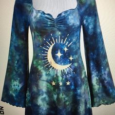 This Is So Beautiful, Tie Dye And Very Fun, Theme Of Moon And Stars Hand Wash, Or Machine Wash Cold And Inside Out, Air Dry Or Light Dryer Can Shrink It's Like A T Shirt Fabric Fits 34 Bust And Almost Goes To The Knees Fitted Blue Top With Star Print, Eclectic Townhouse, T Shirt Fabric, Witchy Outfits, Prom 2024, Aesthetic Grunge Outfit, Star Dress, Moon And Stars, Moon Stars