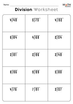 division worksheet with numbers and symbols