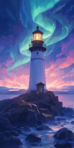 a painting of a lighthouse with the aurora behind it