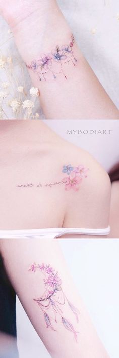 two pictures of the same woman's arm with flowers on it and one has a tattoo