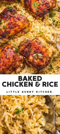 baked chicken and rice in a skillet with spoons on the side text reads baked chicken and rice little sunny kitchen