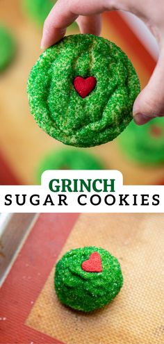 green sugar cookies with red heart on top and the words, crunch sugar cookies above them