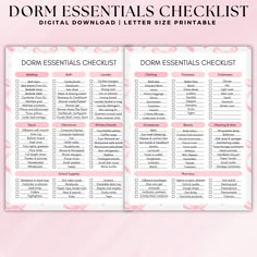 the printable dorm essentials checklist is shown on top of a pink background