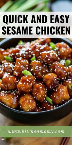 chicken with sesame seeds in a black bowl