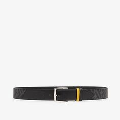 Belt with pin buckle and loop. Made of black FF canvas. Embellished with black leather diagonal insert and yellow leather belt loop. Palladium-finish metalware. Made in Italy. Size 110 Fendi Logo Design, Fendi Store, Fendi Logo, Travel Bags For Women, Yellow Leather, Ballerinas, Ski Wear, Leather Belt, Belt Bag