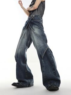 【23s Jun.】Distressed Wide Leg Jeans – ArtsKoreanMan Outfit Jeans, Denim Details, Denim Trousers, Washed Jeans, Outfit Casual, Jeans Denim, Black Fabric, Wide Leg Jeans, Bell Bottoms