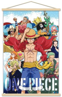 one piece anime poster with all the main characters and their name on it's back