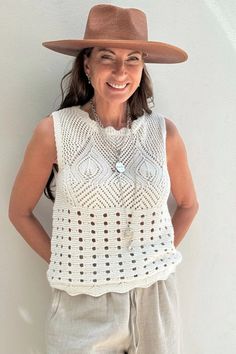 Celebrate artisanal beauty with the Adriel Crochet Top in Natural White from BYPIAS. Each stitch tells a story of craftsmanship and style, making this top more than just a piece of clothing—it's a wearable piece of art. Perfect for those who appreciate the finer details in life. Knitted Sleeveless Top, 50 And Fabulous, Over 50 Womens Fashion, Jumper Shirt, Casual Denim