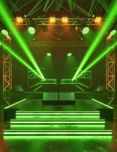 an empty stage lit up with green lights