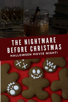 the nightmare before christmas movie night with gingerbreads and ghost cookies on red background