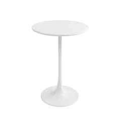 a white table on a white background with no one around it and the base is round