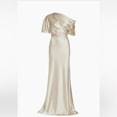 Great Condition! Beautiful Color! Size - 6 Or Medium Classic Silk Evening Gown, Cream Pre-draped Evening Dress, Cream Silk Gala Dress, Elegant Cream Satin Evening Dress, Chic Silk Evening Dress For Wedding, Chic Cream Evening Dress For Gala, Chic Cream Evening Dress For Formal Occasions, Classic Silk Evening Dress For Weddings, Cream Silk Evening Gown