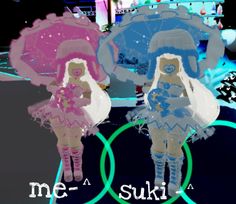 two cartoon characters are holding umbrellas in front of a neon light background with the words me - suki above them