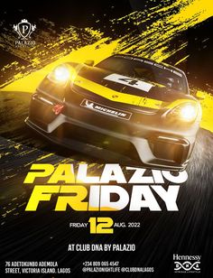 a poster for the event called palazn friday featuring a car driving on a road