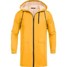 Color: Yellow 80% Nylon, 20% Polyester Zipper Closure Hand Wash Recommend Waterproof & Windproof This Long Rain Jacket Has A Waterproof Coating On The Outer Fabric With Fully Taped Seams. Adopted High-Quality Special Waterproof And Windproof Material, Providing Breathable And Comfortable Wearing Under Wet Conditions. Hoodie & Drawstring Men's Waterproof Jackets, Lightweight Feature, Elastic Cuffs, And Hood With Adjustable Drawcord Keep You From Getting Wet. Elastic And Adjustable Drawcords At Th Hooded Weatherproof Windbreaker For Outdoor, Weatherproof Hooded Parka For Outdoor Activities, Hooded Weatherproof Parka For Outdoor Activities, Weatherproof Hooded Windbreaker For Outdoor, Fall Parka With Zipper Closure For Outdoor Activities, Functional Long Sleeve Parka With Zipper Closure, Waterproof Hooded Windbreaker For Spring, Waterproof Hooded Parka For Outdoor, Weatherproof Hooded Parka For Outdoor