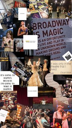 the collage shows many different types of people in formal wear, and there is also an advertisement for broadway