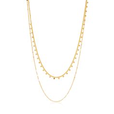 Twice as nice, this dual necklace offers 2-in-1 design featuring our signature simple chain layered with a dainty, statement textured chain. Perfect alone and still layers well with others ✨ The McKenna Double Layer Necklace is 14kt gold over brass and available in gold. Measures 15" and 17" drop. Yellow Gold Double Chain Charm Necklace, 14k Gold Filled Double Chain Necklaces For Layering, 14k Gold Filled Double Chain Necklace For Layering, Double Strand Layered 14k Gold Filled Necklace, Gold Double Strand 14k Gold Filled Layered Necklace, Yellow Gold Double Strand Charm Necklace With Delicate Chain, Double Strand 14k Gold Filled Layered Necklace, Delicate Layered Chain Necklace For Layering, Dainty Yellow Gold Double Chain Charm Necklace