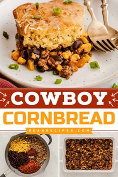 Cowboy Cornbread is the perfect casserole meal for dinner! This beef recipe for dinner features chili spiced ground beef, black beans, and a corn filling topped with cornbread. With vegetarian and vegan versions that everyone will surely love! Try this cowboy cornbread casserole tonight! Casserole With Black Beans, Cowboy Cornbread Casserole, Casserole Meal, Chili Cornbread Casserole, Cowboy Cornbread, Meal For Dinner, Chili Bean, Chili Cornbread