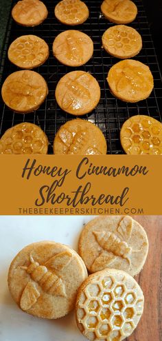 honey cinnamon shortbread cookies on a cooling rack with the words honey cinnamon shortbread