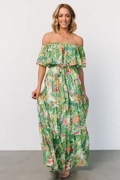 Cassandra Tulle Maxi Dress | Copper Floral | Baltic Born Brunch Off-shoulder Maxi Dress With Ruffle Hem, Green Off-shoulder Flowy Maxi Dress, Flowy Off-shoulder Maxi Dress, Flowy Tiered Skirt Maxi Dress For Brunch, Green Off-shoulder Floral Maxi Dress, Green Floral Print Flowy Maxi Dress, Off-shoulder Ruffled Maxi Dress For Vacation, Off-shoulder Maxi Dress With Ruffle Hem For Vacation, Tiered Dress With Elastic Neckline For Vacation