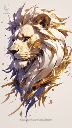 an artistic painting of a lion's head with gold and white feathers on it