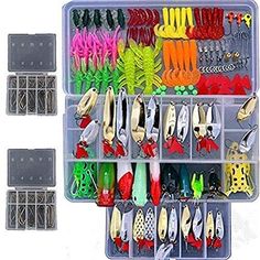 fishing lures and hooks in a tackle box