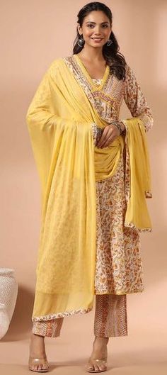 Party Wear, Summer White and Off White, Yellow color Salwar Kameez in Cotton fabric with Anarkali Floral, Lace, Printed, Sequence work : 1889437 Sequence Work, Summer White, Yellow Fashion, White Summer, Summer Cotton