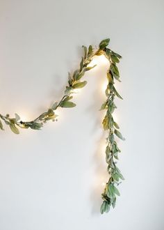 a white wall with some green leaves on it and lights hanging from the side of it