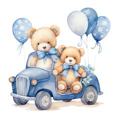 two teddy bears sitting in the back of a blue truck with balloons and bows on it