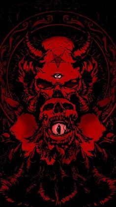 a red and black background with an evil demon face in the center, surrounded by other demonic