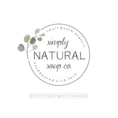 the simply natural soap co logo is shown in black and white, with green leaves on it