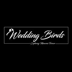 the wedding birds logo is shown on a black background with white lettering and an image of a