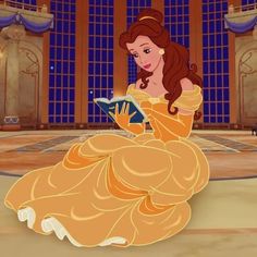 a woman in a yellow dress reading a book