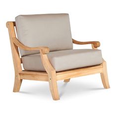 a chair that is made out of wood and has grey fabric on the armrests