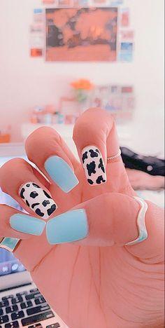 cow print nails Cow nails, Short acrylic nails designs, Simple gel nails Simple Western Nails Turquoise, Light Blue Cow Print Nails, Blue Nails Cow Print, Cute Country Nail Ideas, Blue Cow Print Nails, Tennessee Nails, Nails Acrylic Blue, Blue Cow Print, Teal Acrylic Nails