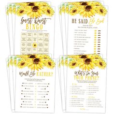 three sunflowers are shown on the front and back of this printable wedding game