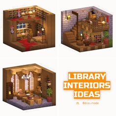 three different views of a library with bookshelves and couches in each room