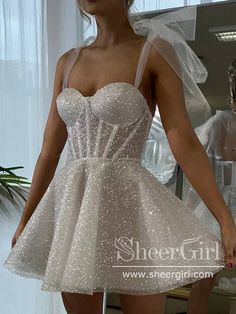 A Line Sparkly Short Prom Dress Silver Corset Bodice Homecoming Dress ARD3144-SheerGirl Homecoming Dresses Sparkly, Tulle Homecoming Dress, Sleeveless Skirt, Tulle Sleeves, Short Party Dress, A Line Shorts, Short Homecoming Dress, Ideas Party, Party Outfits