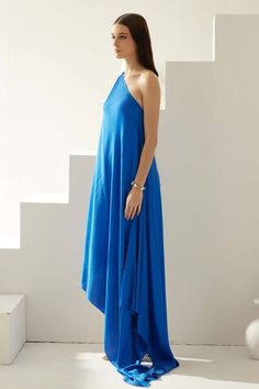 Cobalt blue one-shoulder maxi dress in modal base. - Aza Fashions Blue One-shoulder Maxi Dress For Summer, Blue One Shoulder Maxi Dress For Spring, Blue Beach Dress With Asymmetrical Neckline, Blue Asymmetrical Maxi Dress, Blue Asymmetrical Neckline Beach Dress, Blue Asymmetrical Maxi Dress For Summer, One Shoulder Maxi Dress, Maxi Dress For Women, Dress For Women