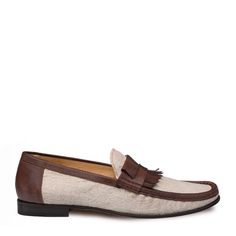 Mezlan Men's Maggi Bone & Brown Fabric Calfskin Fresh Handsewn Kiltie Moccasin Loafers 7244 (MZ2841) Printed Linen Fabric, Color Bone, Casual Shoe, Brown Fabric, Printed Linen