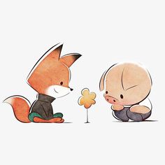 two little foxes playing with a flower