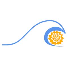 an orange and blue logo with the sun in it's center on a white background